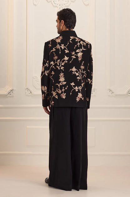 Black Floral Vine Embroidered Bandhgala Set