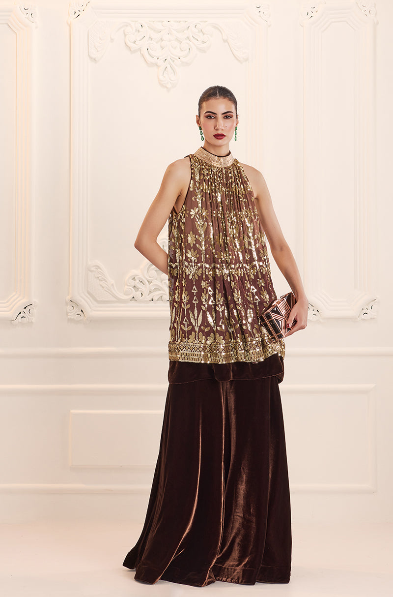 Light Brown Ombré Floral Embroidered Sequins In-Cut Kurta Set
