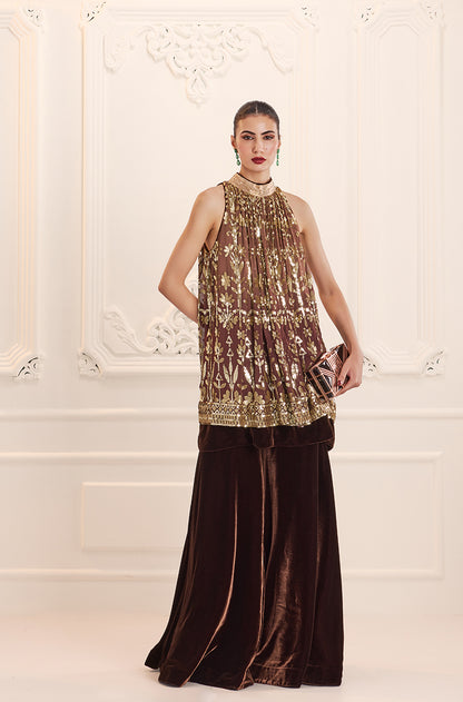 Light Brown Ombré Floral Embroidered Sequins In-Cut Kurta Set