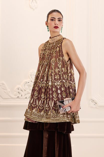 Light Brown Ombré Floral Embroidered Sequins In-Cut Kurta Set