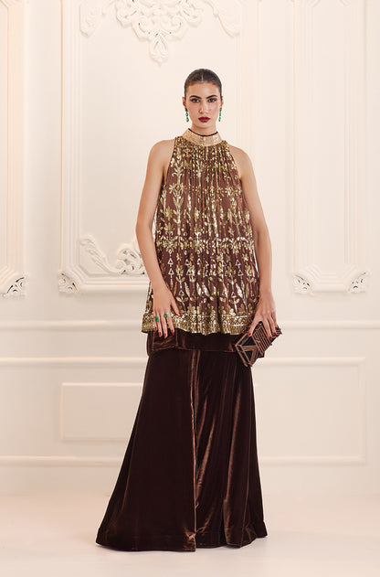 Light Brown Ombré Floral Embroidered Sequins In-Cut Kurta Set