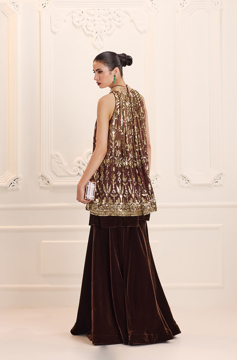 Light Brown Ombré Floral Embroidered Sequins In-Cut Kurta Set