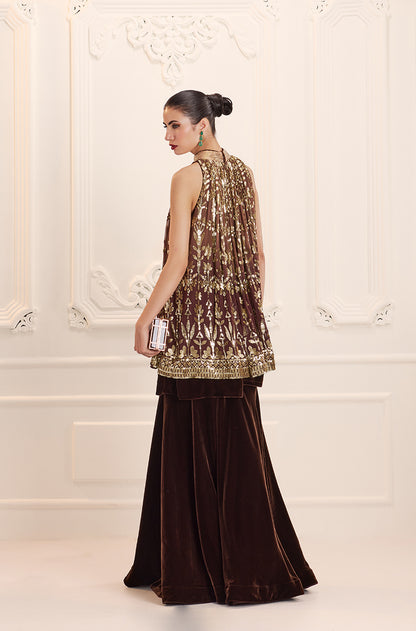 Light Brown Ombré Floral Embroidered Sequins In-Cut Kurta Set