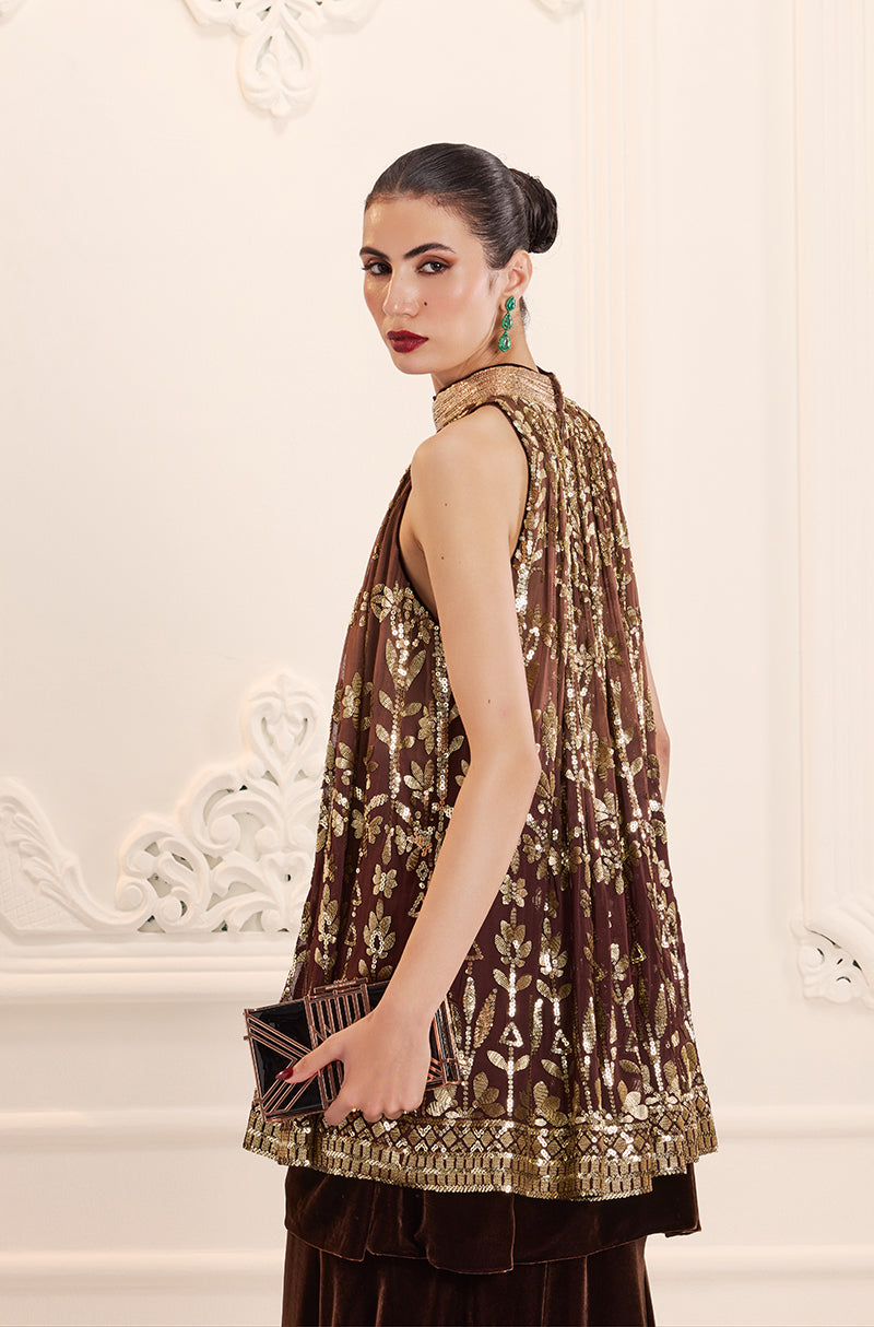 Light Brown Ombré Floral Embroidered Sequins In-Cut Kurta Set