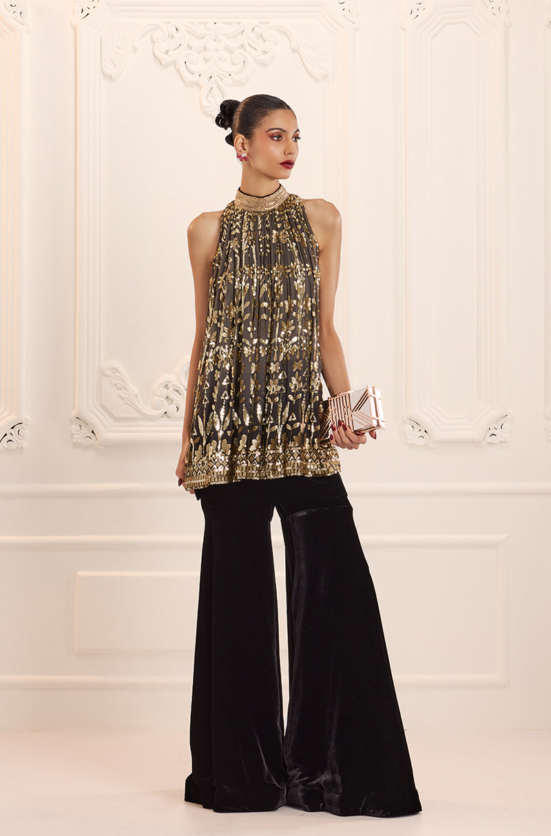 Light Grey Ombré Floral Embroidered Sequins In-Cut Kurta Set