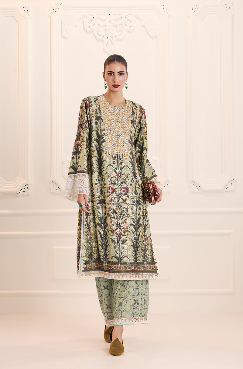 Mint Green Straight-Cut Printed Kurta Set