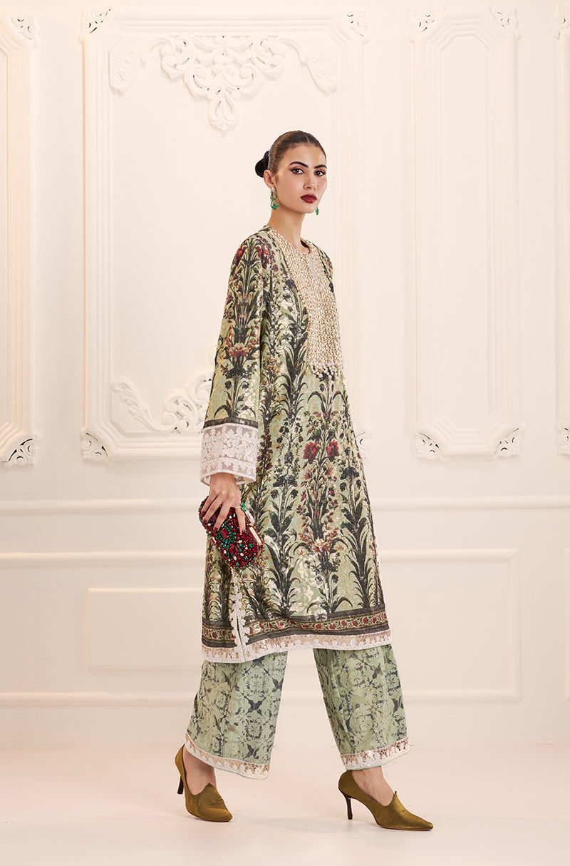 Mint Green Straight-Cut Printed Kurta Set