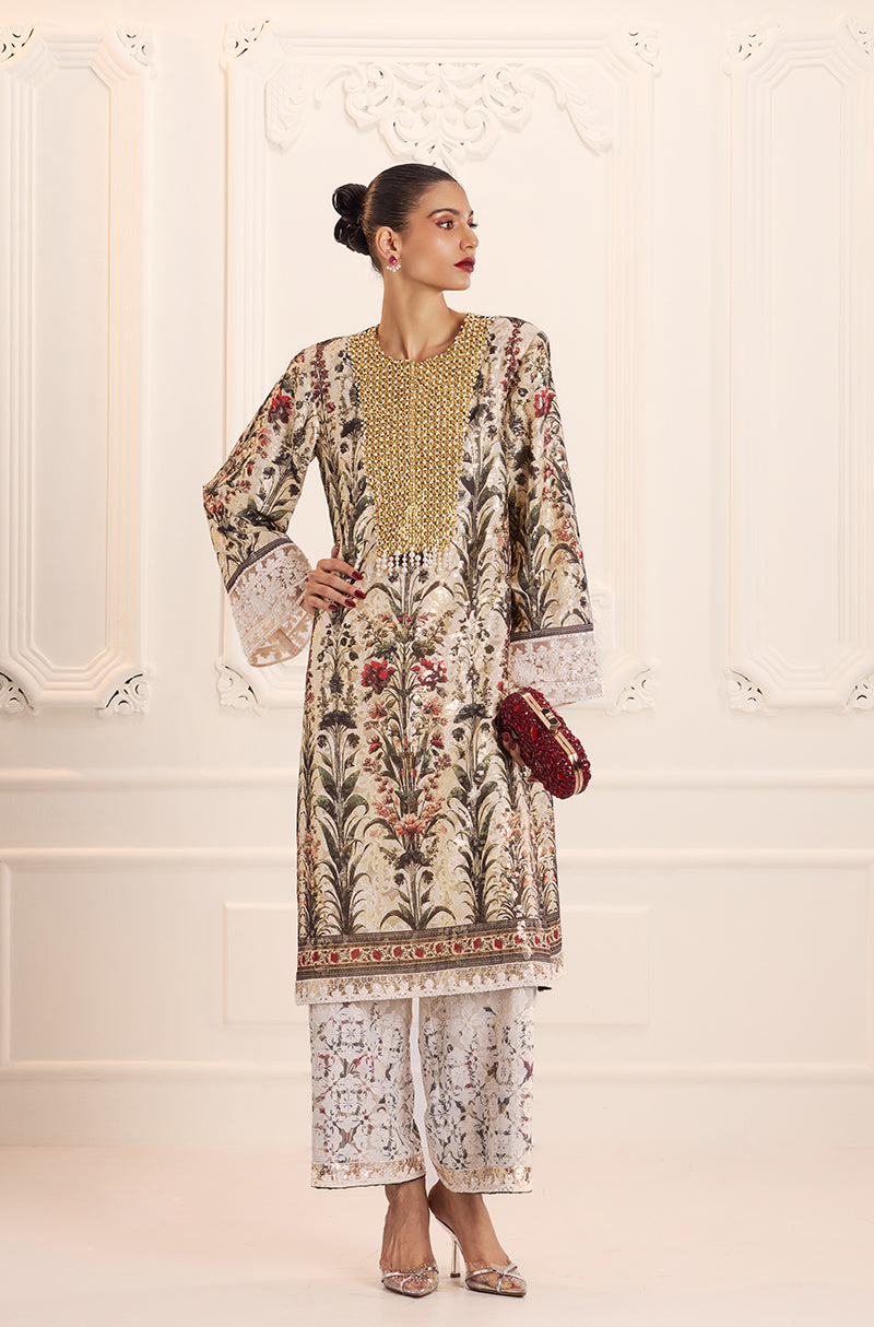 Ivory Gold Straight-Cut Printed Kurta Set