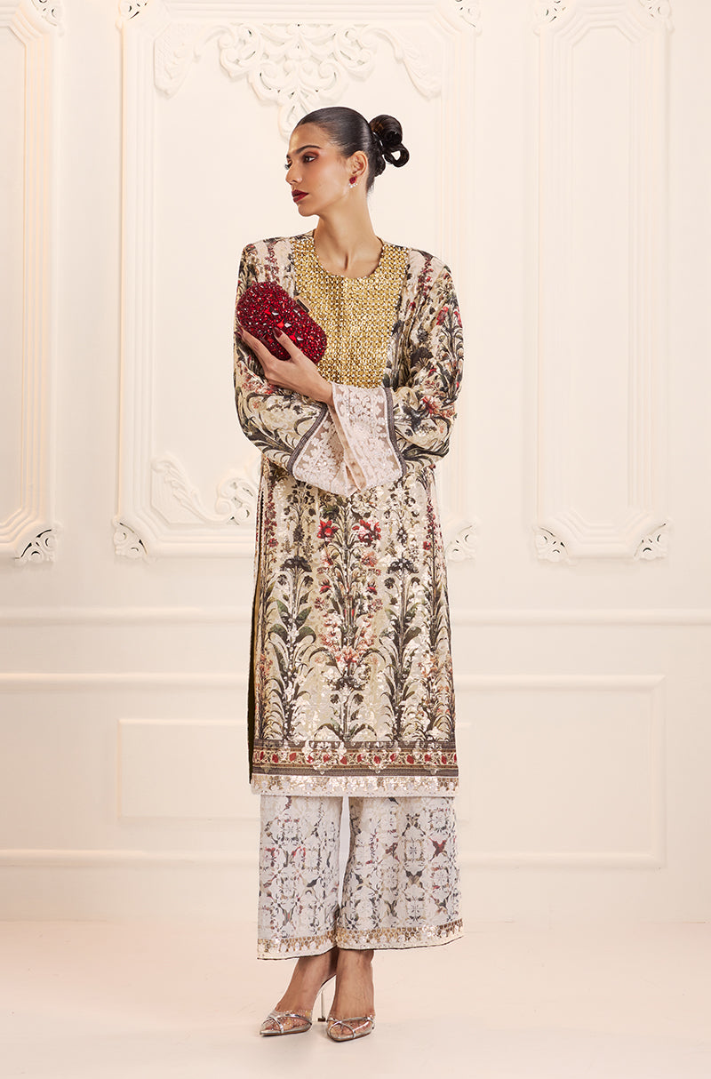 Ivory Gold Straight-Cut Printed Kurta Set