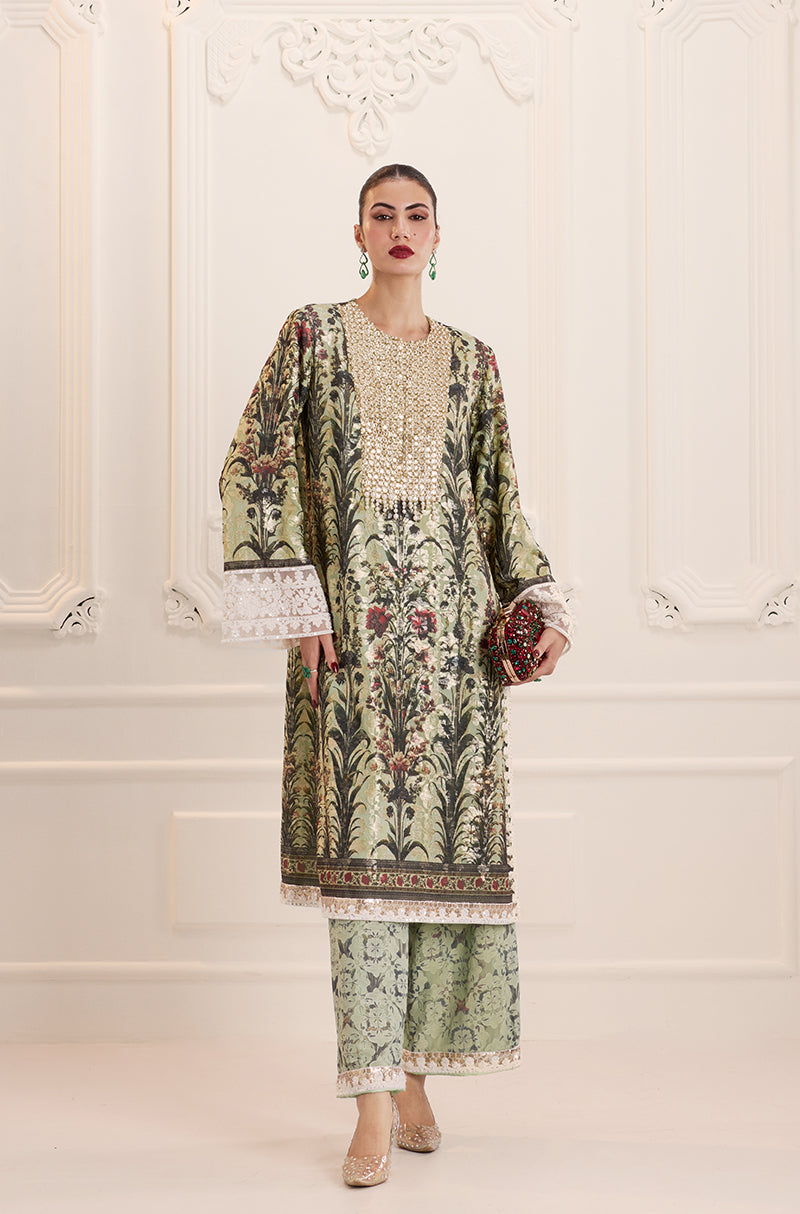 Mint Green Straight-Cut Printed Kurta Set