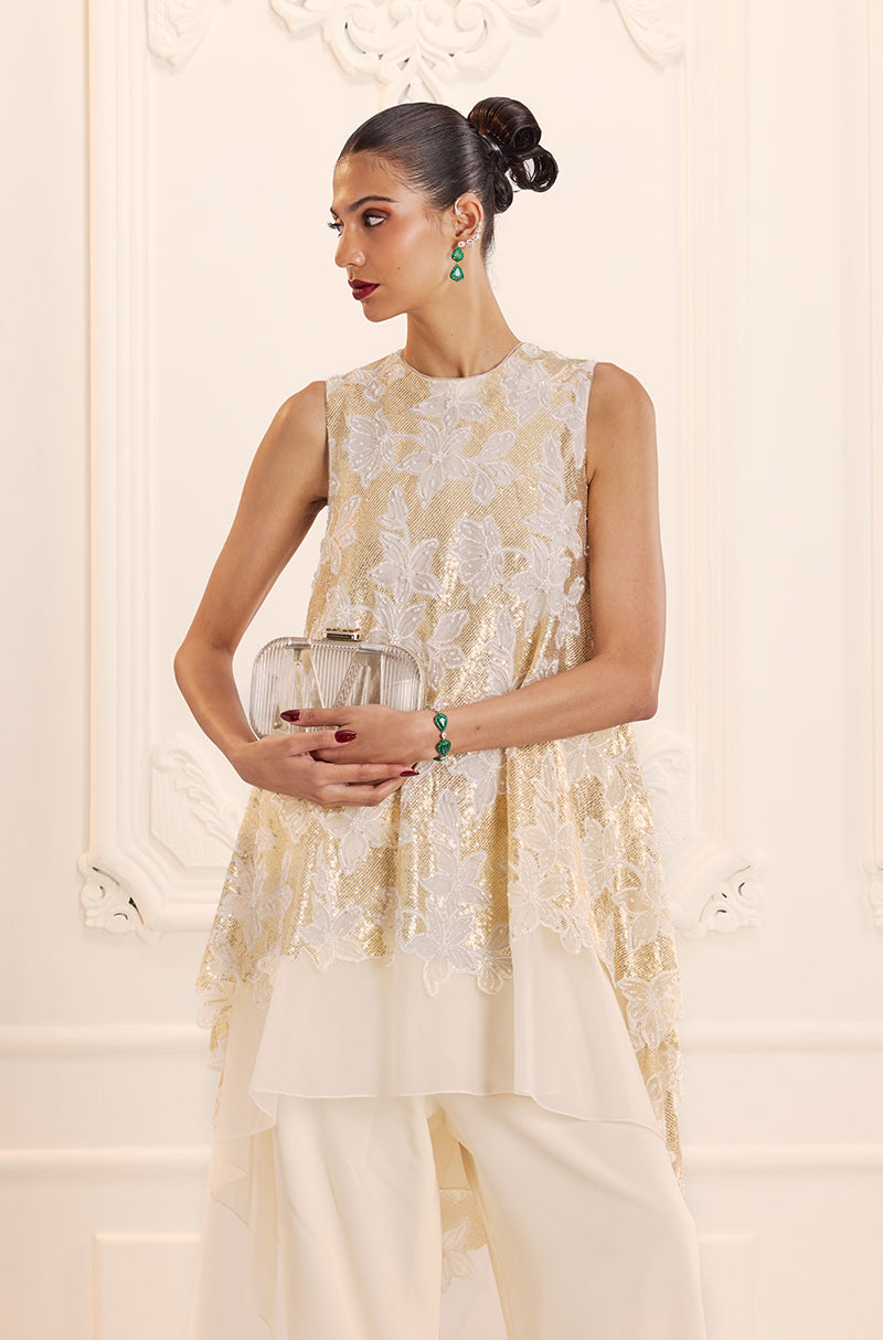 Ivory Gold High-Low Assymetric Kurta Set
