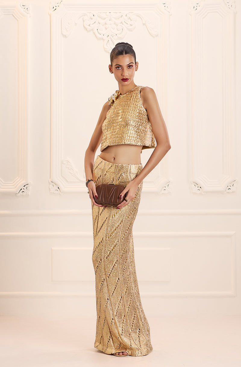 Gold Foil Knit Skirt Set
