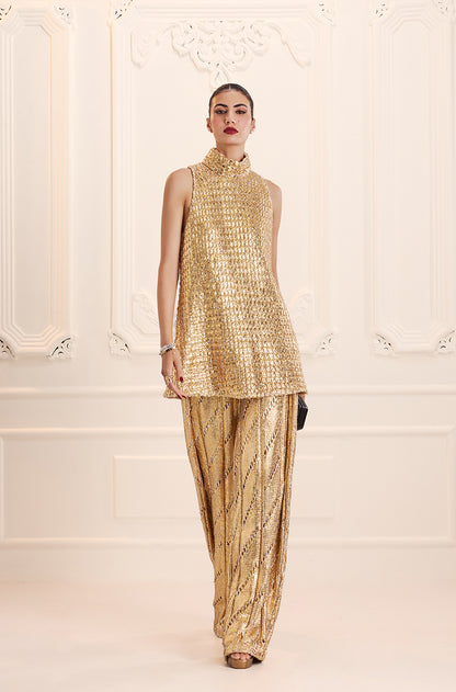 Gold Knit Turtleneck Knit Gold Foil Kurta Set