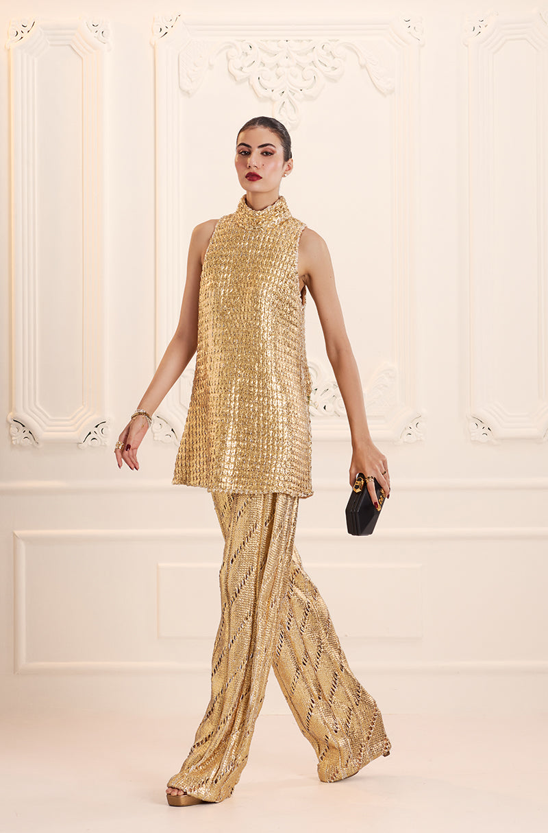 Gold Knit Turtleneck Knit Gold Foil Kurta Set
