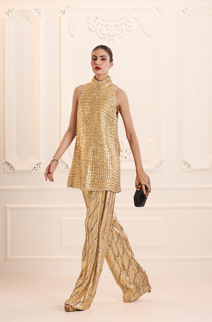 Gold Knit Turtleneck Knit Gold Foil Kurta Set