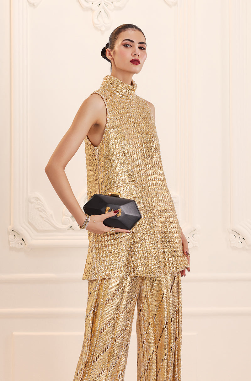 Gold Knit Turtleneck Knit Gold Foil Kurta Set