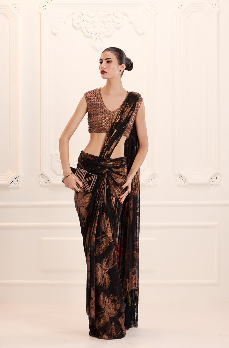 Copper Black Print Knit Foil Pre-Pleated Drape Saree Set