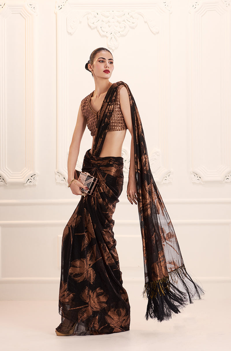 Copper Black Print Knit Foil Pre-Pleated Drape Saree Set