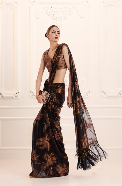 Copper Black Print Knit Foil Pre-Pleated Drape Saree Set