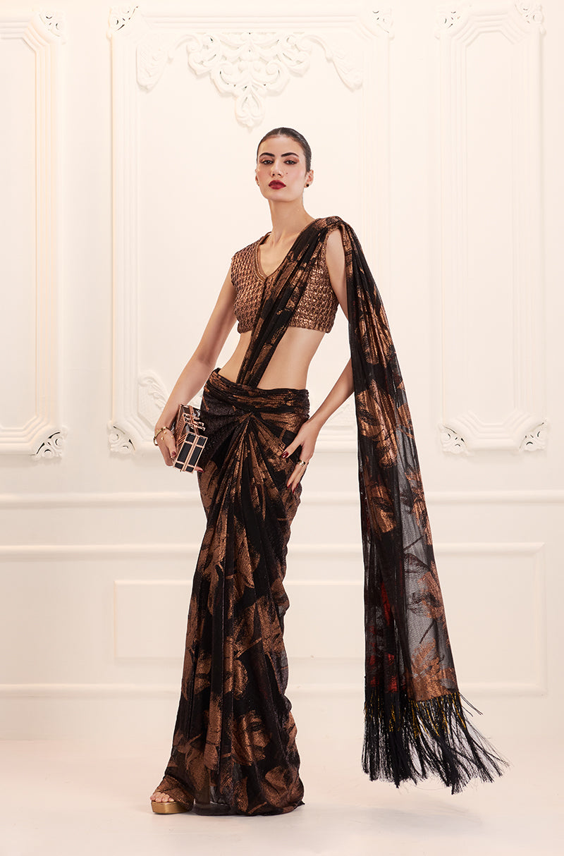 Copper Black Print Knit Foil Pre-Pleated Drape Saree Set