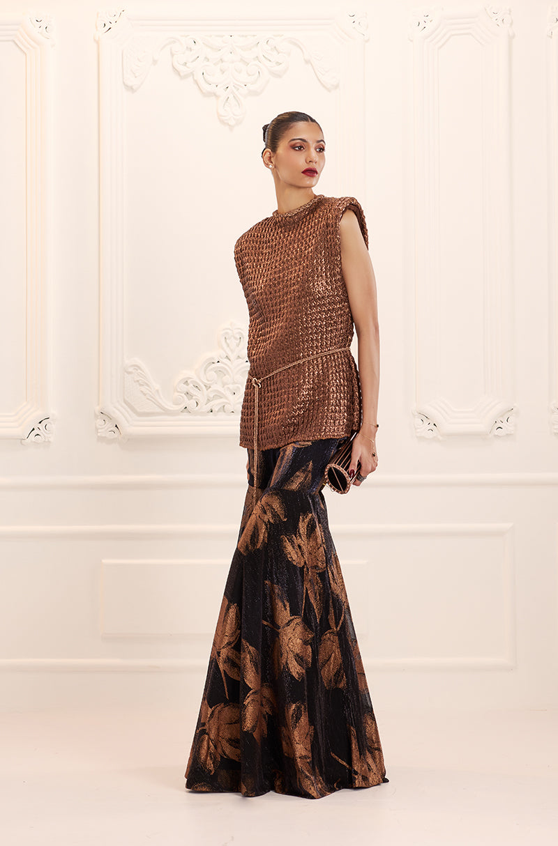 Copper Black Print Knit Foil Kurta Set