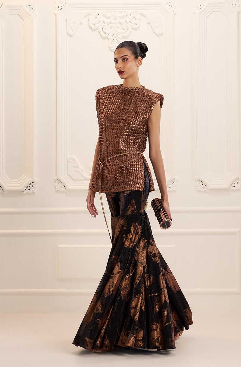 Copper Black Print Knit Foil Kurta Set