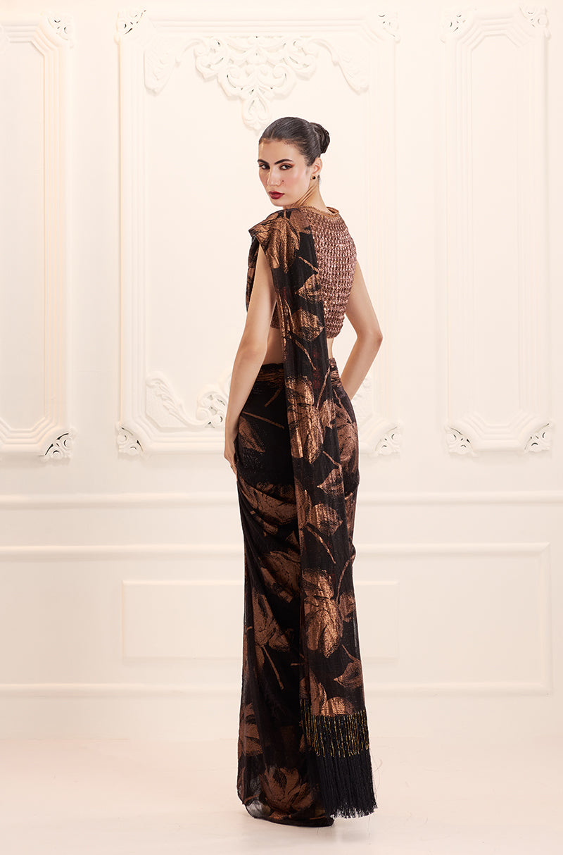 Copper Black Print Knit Foil Pre-Pleated Drape Saree Set