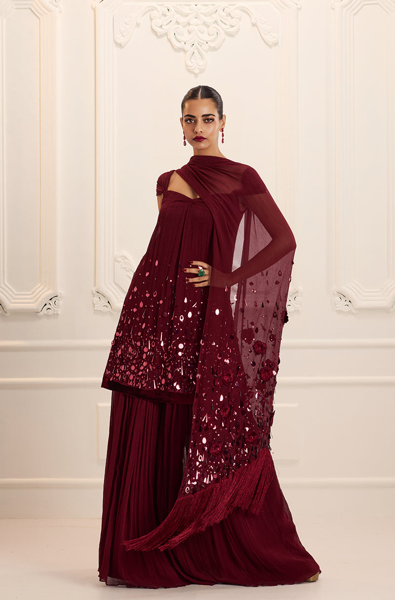 Bordeaux Chiffon Sharara Set