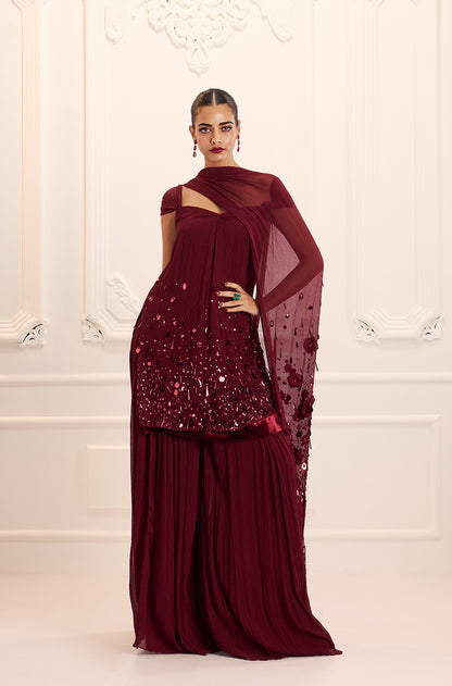 Bordeaux Chiffon Sharara Set