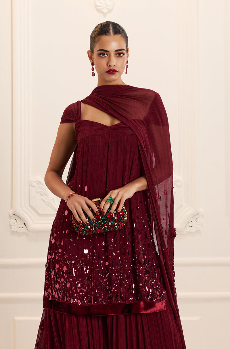 Bordeaux Chiffon Sharara Set