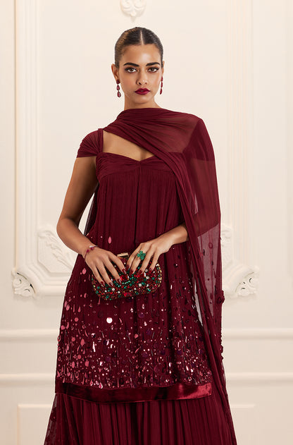 Bordeaux Chiffon Sharara Set