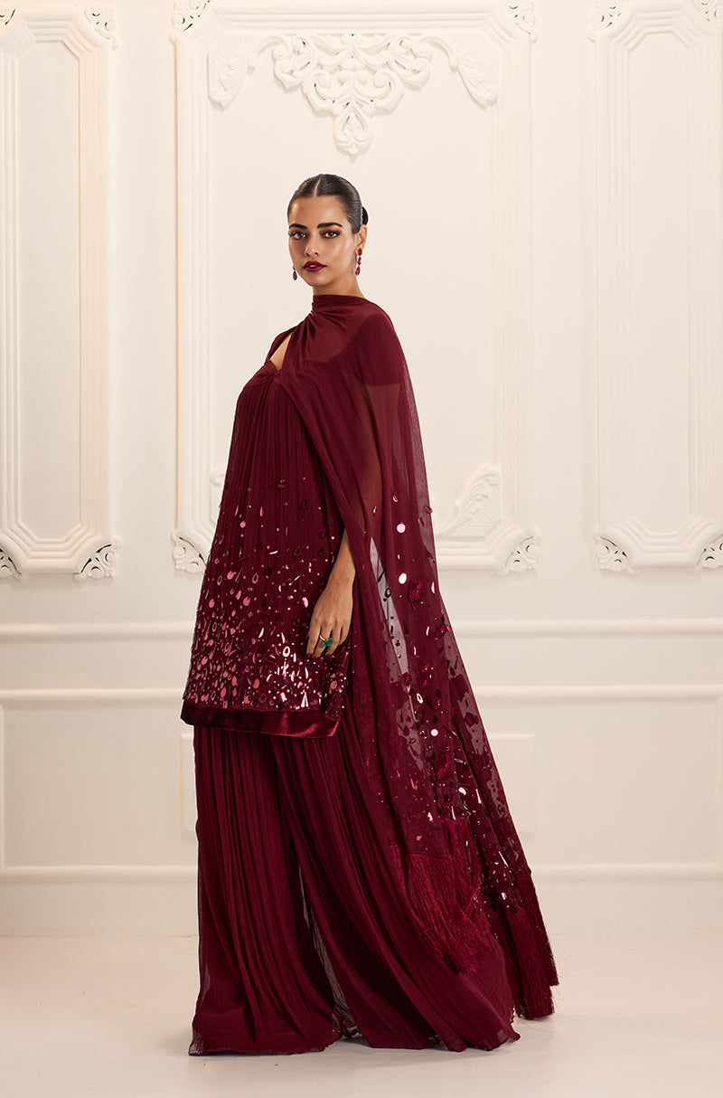 Bordeaux Chiffon Sharara Set