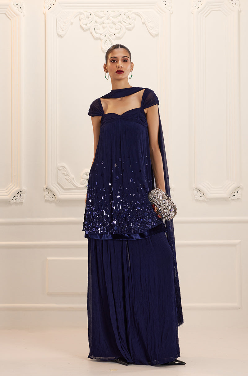 Navy Chiffon Sharara Set