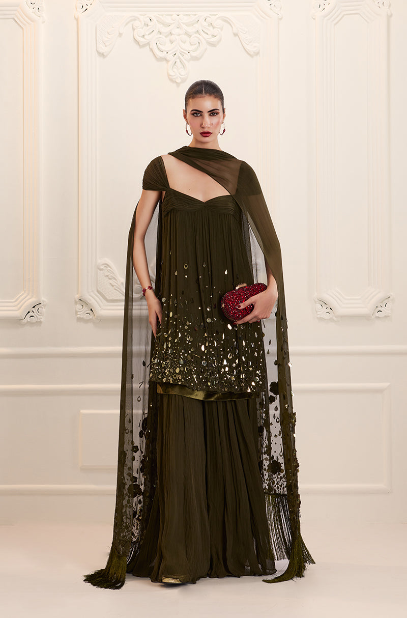 Olive Chiffon Sharara Set