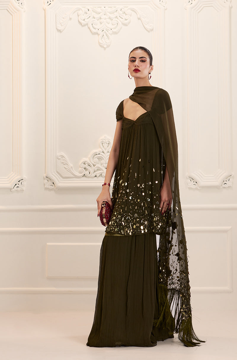 Olive Chiffon Sharara Set