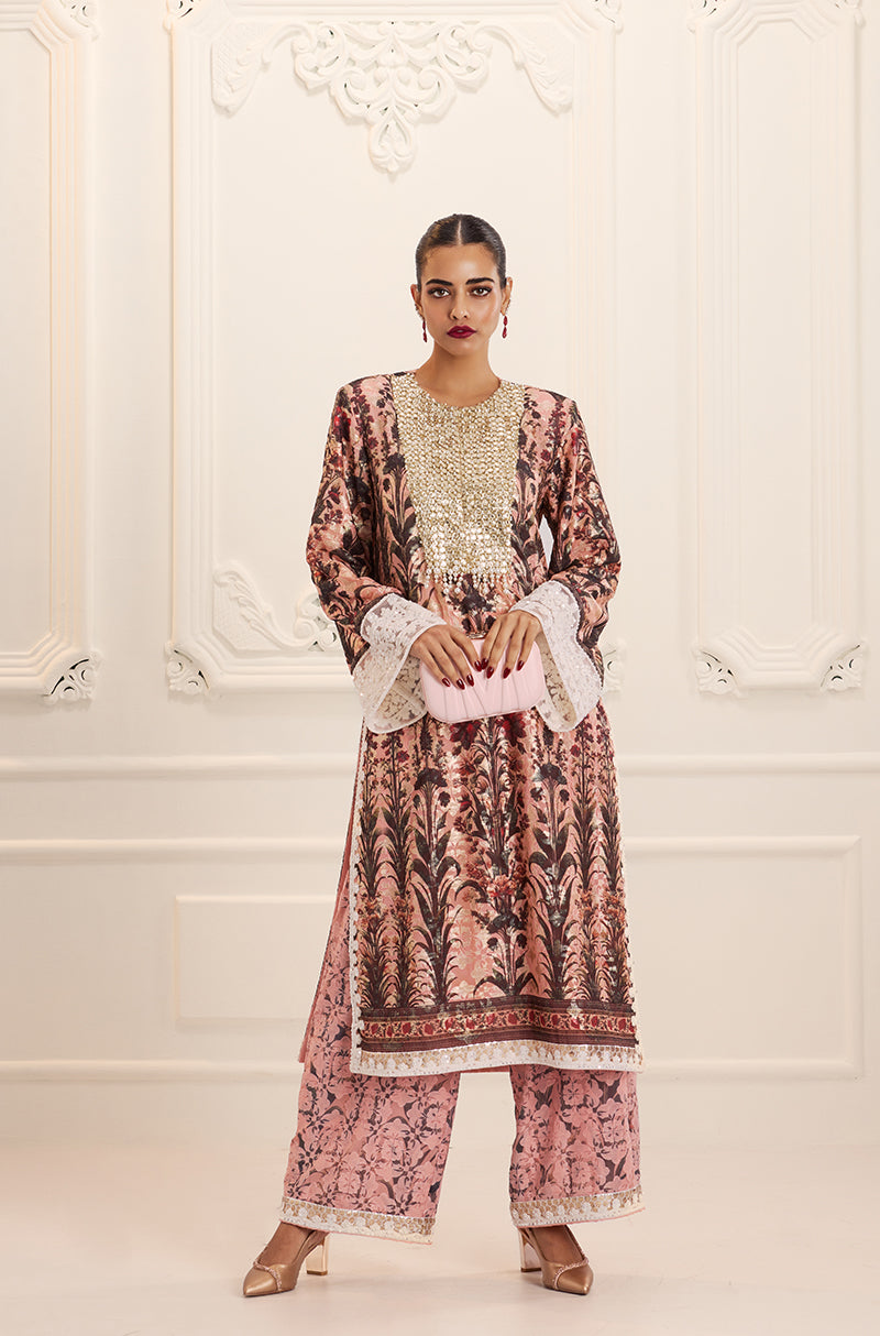 Salmon Pink Straight-Cut Printed Kurta Set