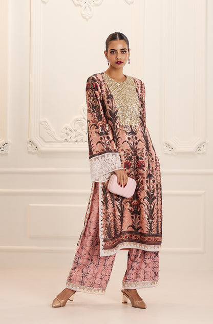 Salmon Pink Straight-Cut Printed Kurta Set