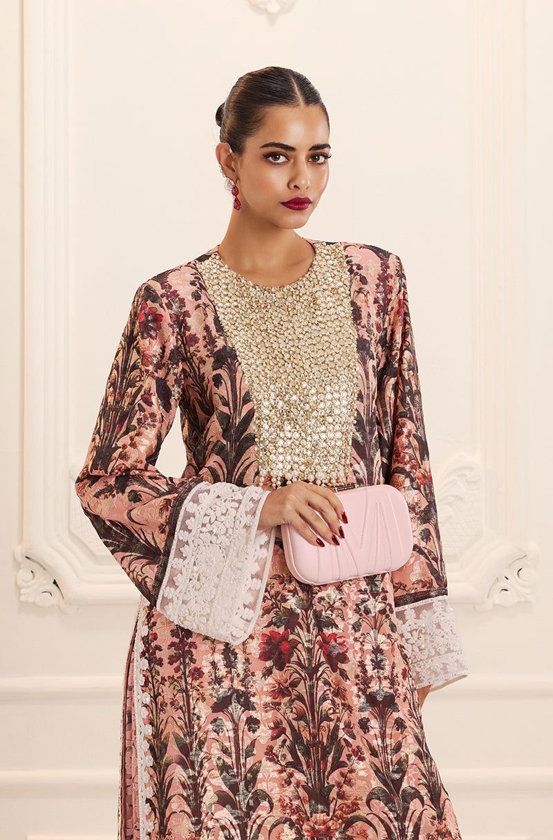 Salmon Pink Straight-Cut Printed Kurta Set