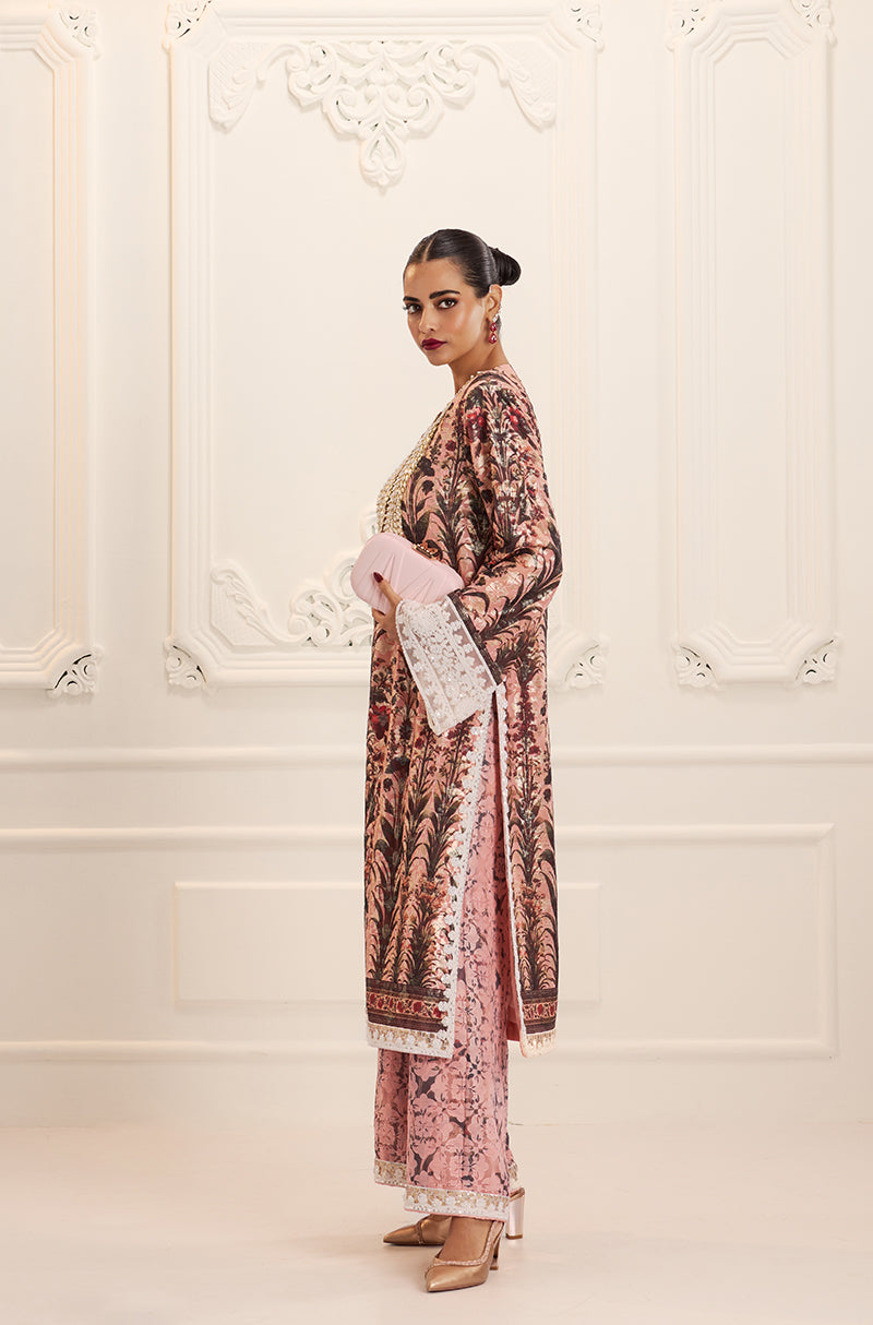 Salmon Pink Straight-Cut Printed Kurta Set