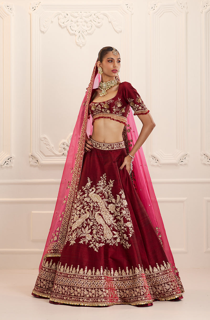 Bordeaux Silk with Peacock & Floral Embroidered Lehenga Set