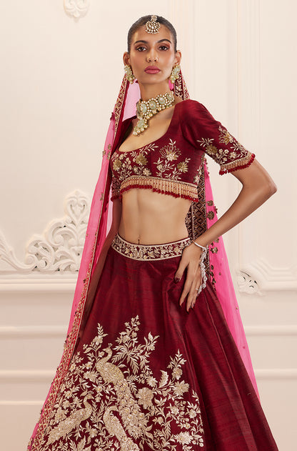 Bordeaux Silk with Peacock & Floral Embroidered Lehenga Set