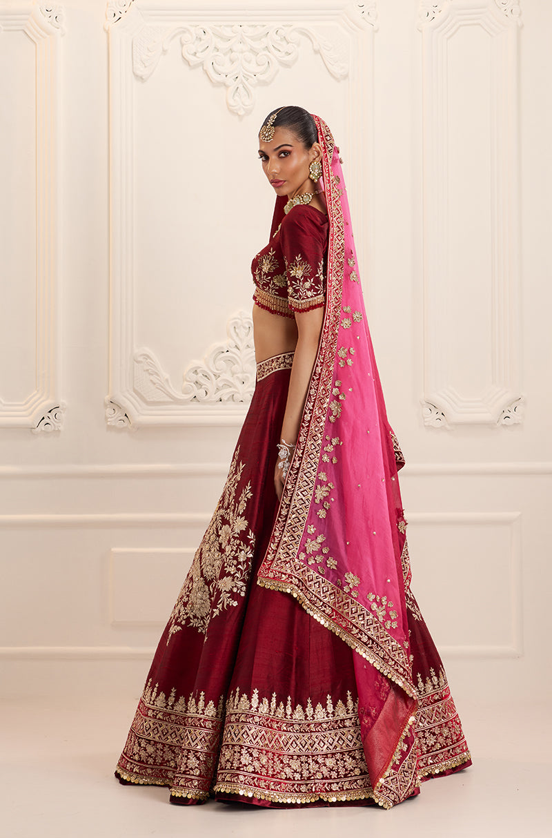 Bordeaux Silk with Peacock & Floral Embroidered Lehenga Set