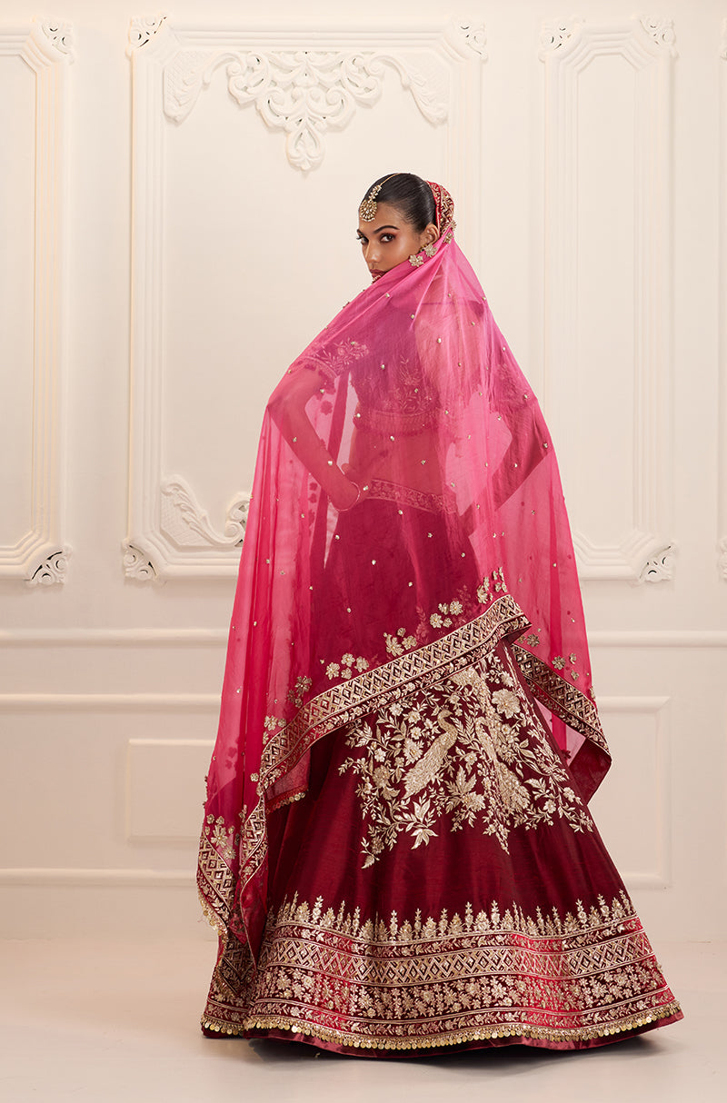 Bordeaux Silk with Peacock & Floral Embroidered Lehenga Set
