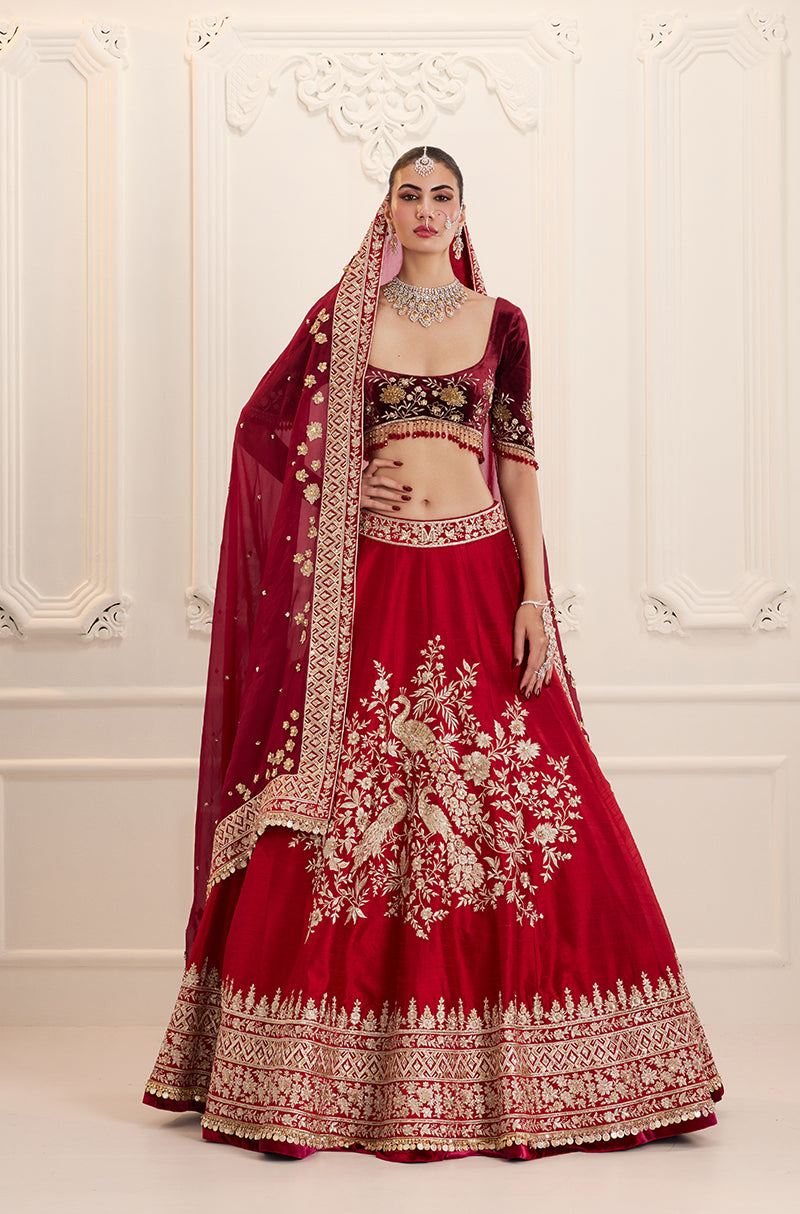 Red Silk with Peacock & Floral Embroidered Lehenga Set