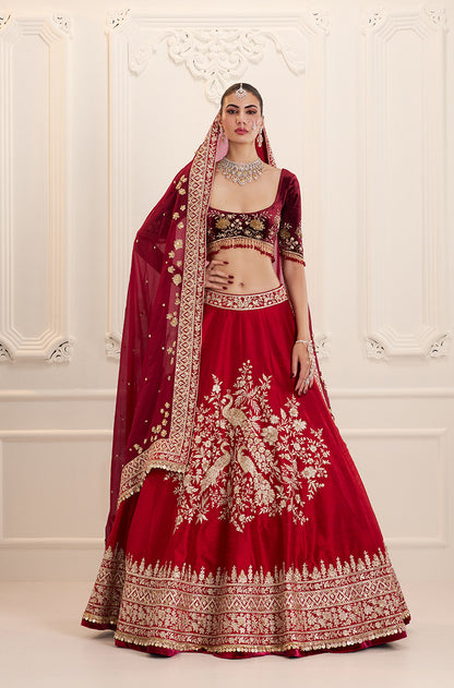 Red Silk with Peacock & Floral Embroidered Lehenga Set