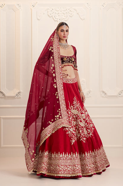 Red Silk with Peacock & Floral Embroidered Lehenga Set