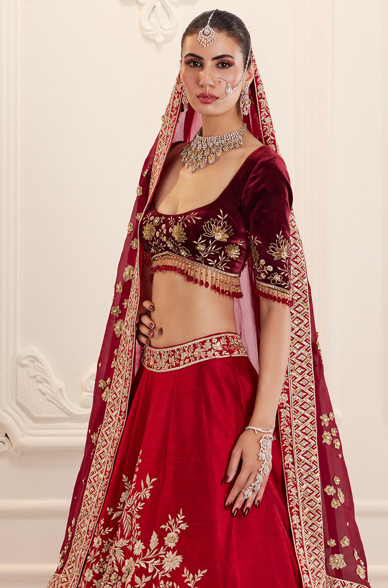 Red Silk with Peacock & Floral Embroidered Lehenga Set