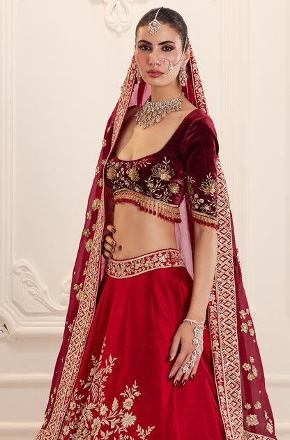 Red Silk with Peacock & Floral Embroidered Lehenga Set