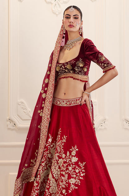 Red Silk with Peacock & Floral Embroidered Lehenga Set