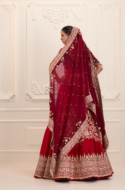Red Silk with Peacock & Floral Embroidered Lehenga Set